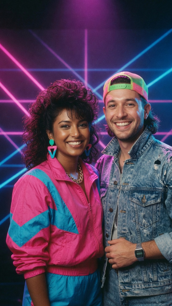 La même photo transformée par l'IA en portrait années 80, néons et survêtements fluo